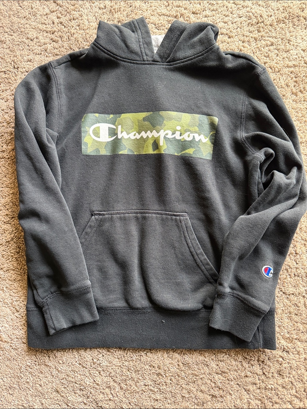 Champion Black Hoodie with Green Camo Logo Box